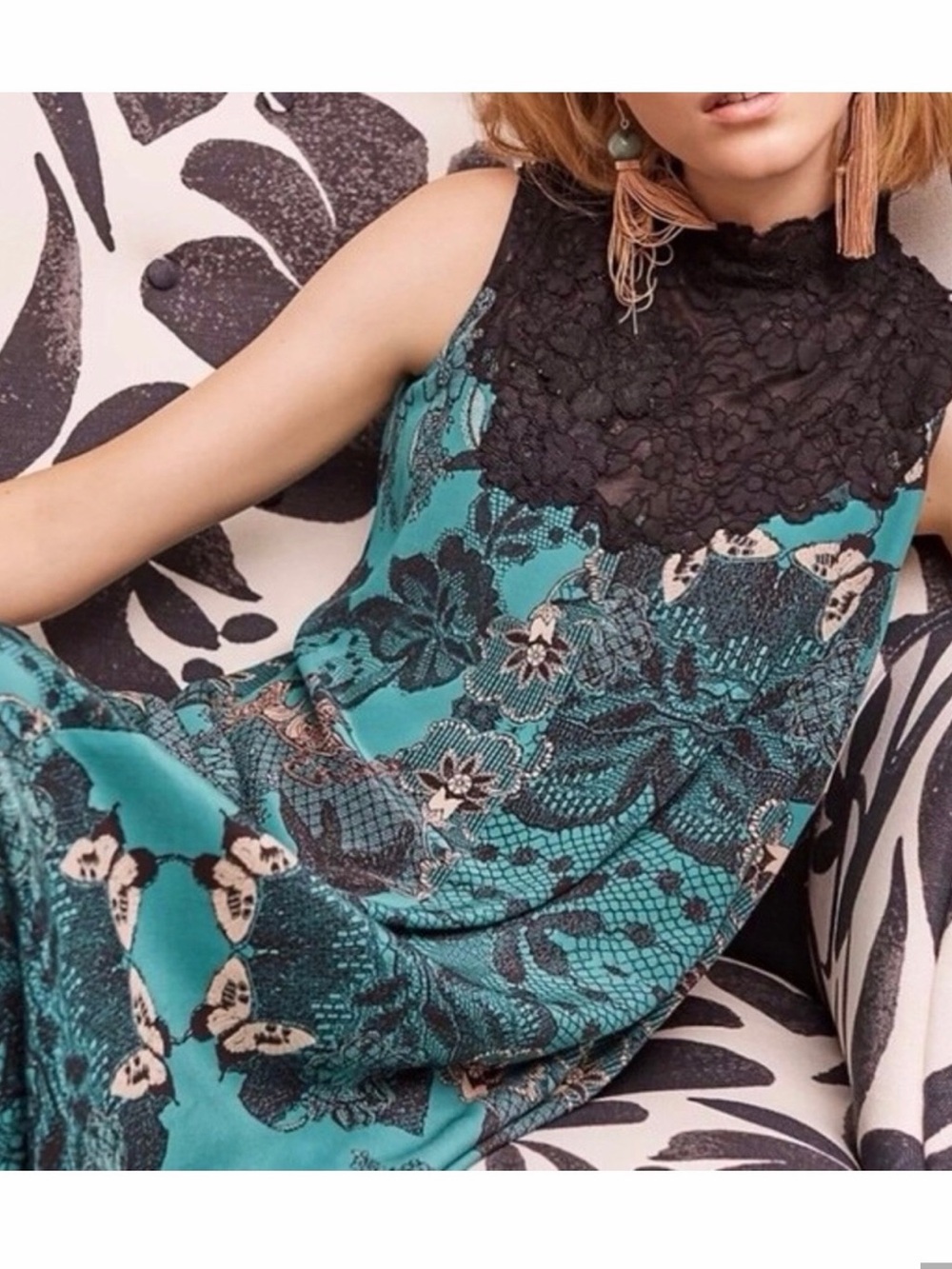 Maeve by Anthropology ⚜️ Silk-blend Teal & Black Lace-Trim Dress